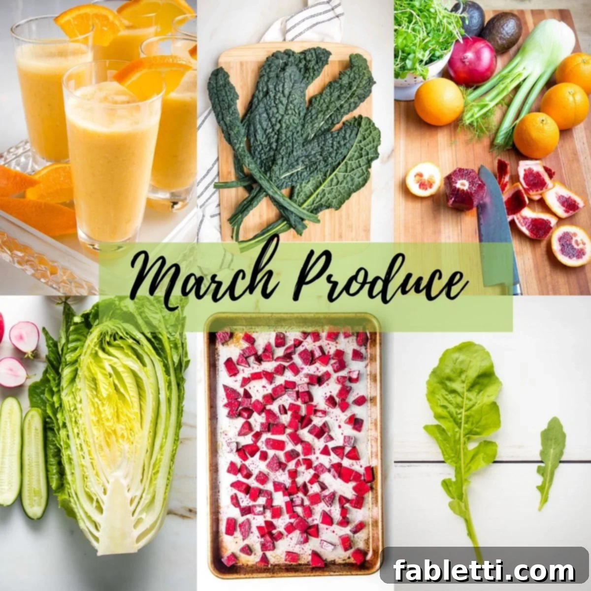 6 photos with handwritten across center 'march produce' oranges, kale, arugula, beets, lettuce. bright and colorful.