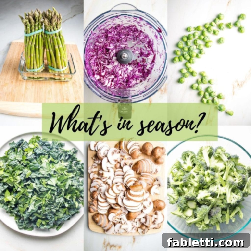 Photo grid. overlay in light green with black script:  What's in Season.  Photos:  1.  2 bunches asparagus, 2. Food processor bowl with shredded purple cabbage3.  Artfully scattered brussels sprouts on a white marble counter.  Bottom Row: White rimmed plate with greens; cutting board with sliced baby bella mushrooms; bowl of raw broccoli floorets. 