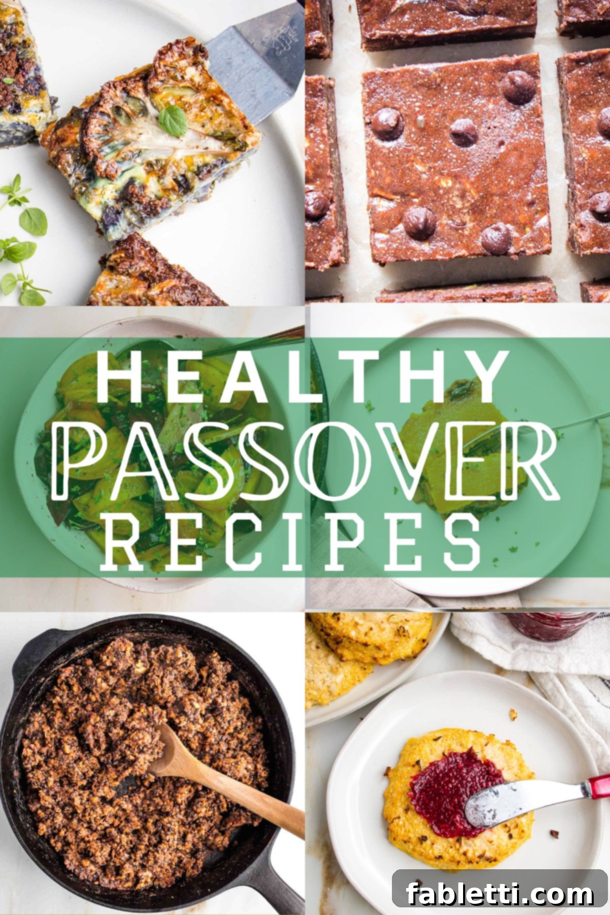 Collage of food photos including brownies, rolls, kugel and vegan beef with a banner across that says "healthy passover recipes"