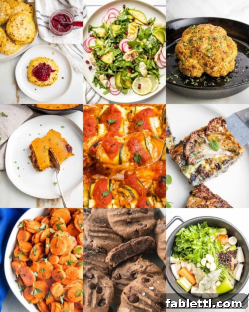 Grid of 9 photos of passover recipes: cauliflower rolls, arugula salad, whole roasted cauliflower, sheperds pie, zucchini rollatini, cauliflower kugel, moroccan carrots, double chocolate cookies, veggie broth