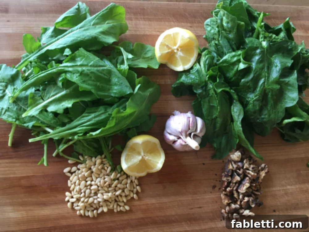 Arugula, spinach, nuts, lemon and garlic.