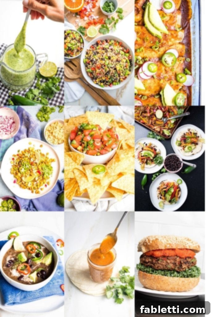 Sizzling Vegan Cinco de Mayo 2 A vibrant collage of 9 vegan Mexican dishes: Avocado dressing, Southwest quinoa salad, enchilada casserole, Mexican street corn salad, fresh tomato salsa, veggie fajitas, black bean soup, enchilada sauce, and a black bean burrito, perfect for Cinco de Mayo.
