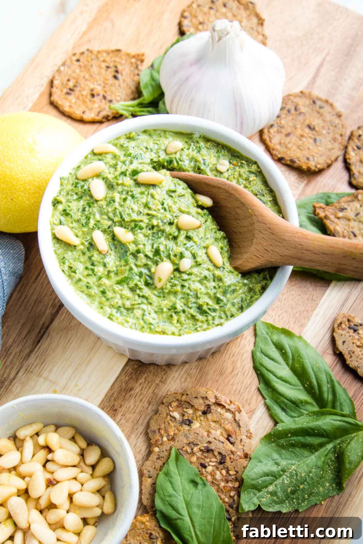 Small white bowl filled with bright green pesto. There are crackers and fresh basil, a lemon, a head of garlic and some pine nuts surrounding on a wooden board. 