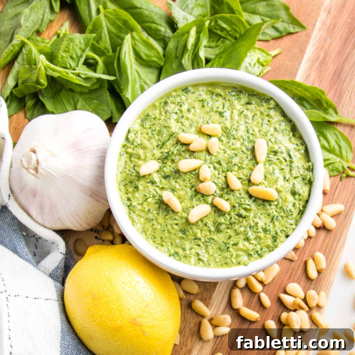 A white bowl filled with pesto, sprinkled with pine nuts sittting on a wooden board. There are fresh basil leaves, a head of garlic and a lemon surrounding the pesto.