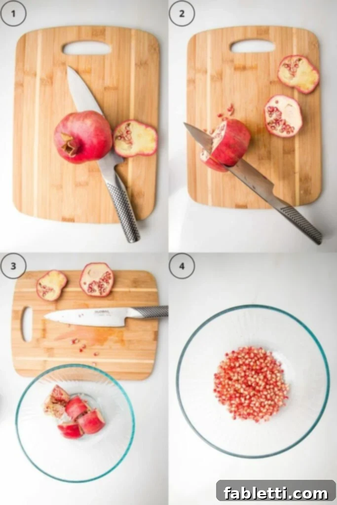 Grid of 4 photos showing how to prepare a pomegranate