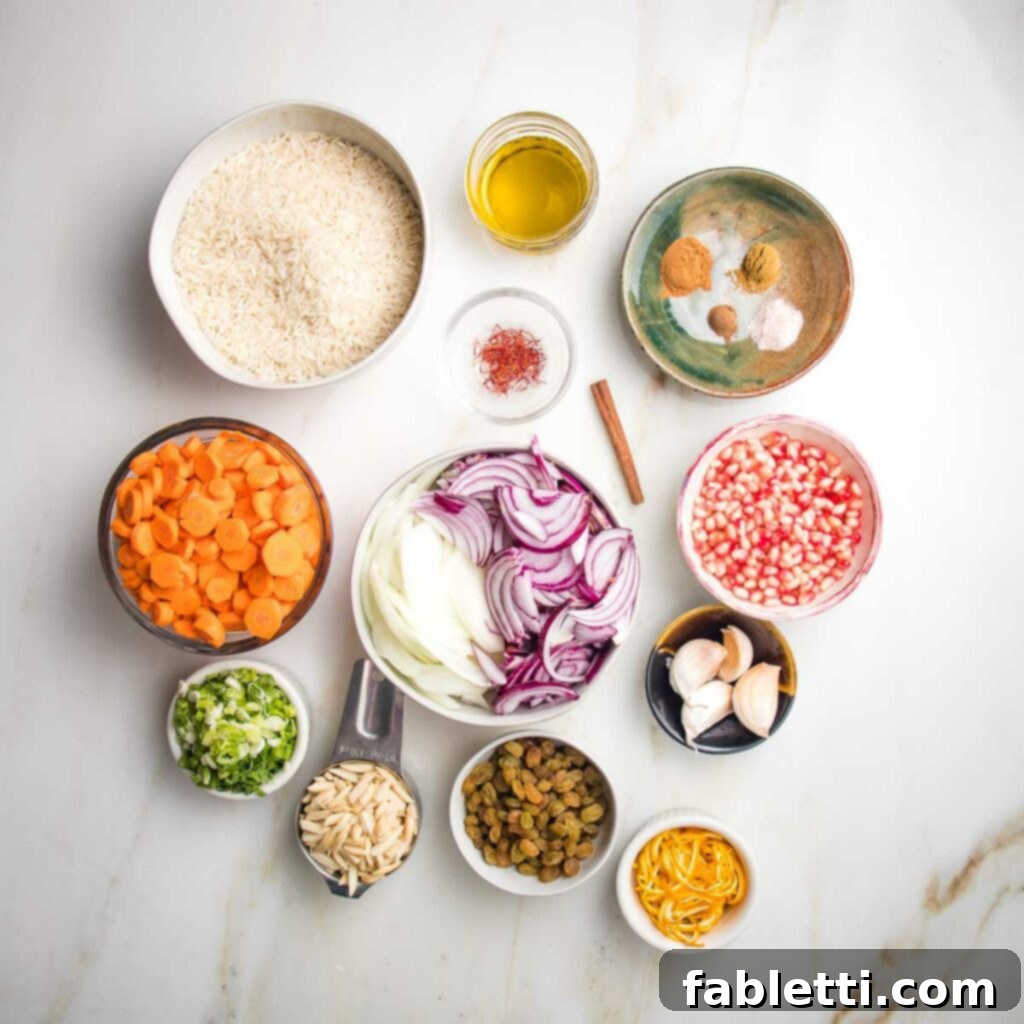 Small bowls of ingredients for jeweled rice: white basmati rice, sliced carrots, scallions and onions, spices, saffron, cinnamon stick, garlic cloves, golden raisins, slivered almonds, orange peel. 