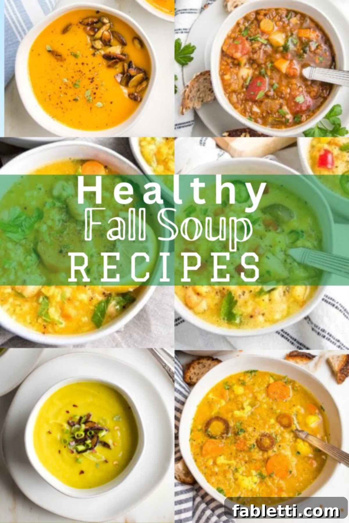 Wholesome Autumn Bowls Plant-Based Gluten-Free 2 A vibrant collage featuring six bowls of delicious, healthy fall soup, with text overlayed: 'Healthy Fall Soup Recipes'.