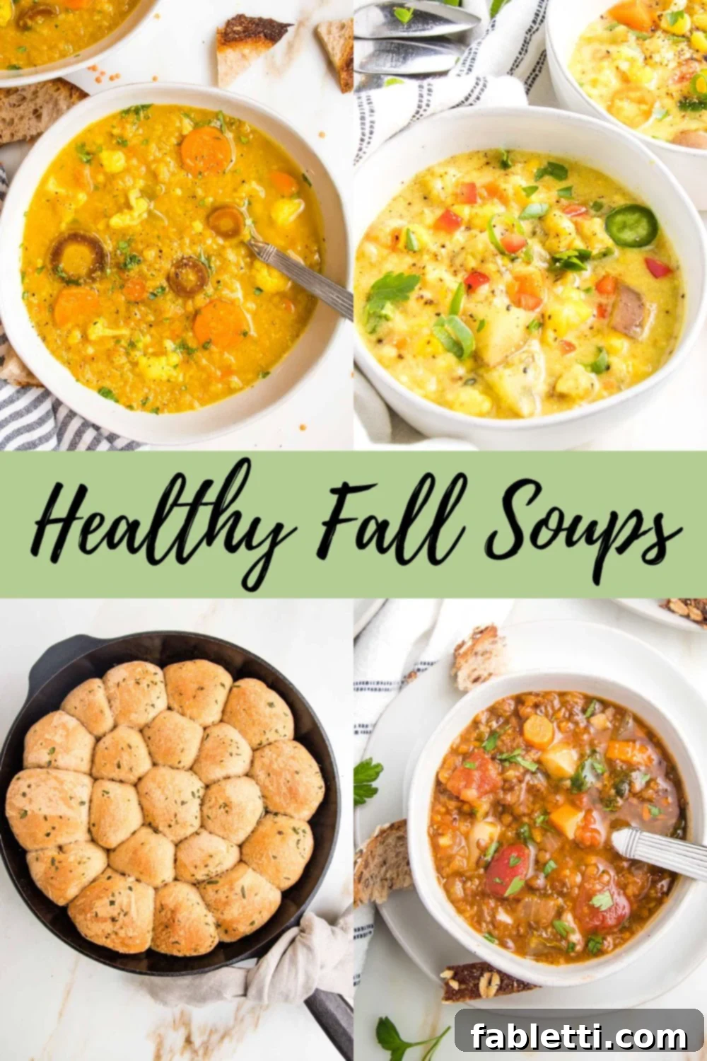 Wholesome Autumn Bowls Plant-Based Gluten-Free 3 Collage of 3 soups and one photo of dinner rolls with a 'healthy fall soups' banner across the middle.