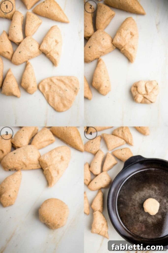 Fluffy Vegan Dinner Rolls 17 4 photos each has a bunch of portions of dough being shaped into balls, step by step and then placing into a cast iron skillet