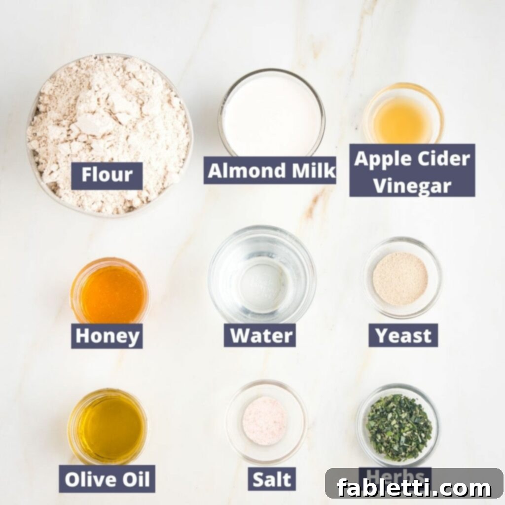 Fluffy Vegan Dinner Rolls 3 Ingredient photos with labels for vegan dinner rolls: flour, almond milk, apple cider vinegar, honey, water, yeast, olive oil, salt, herbs
