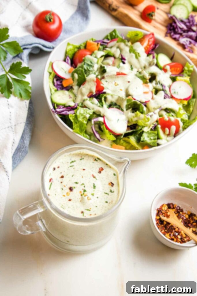 Deliciously Healthy Homemade Ranch 8 A glass pitcher holds creamy vegan ranch dressing, with a refreshing green salad drizzled generously with the same dressing visible in the soft background.