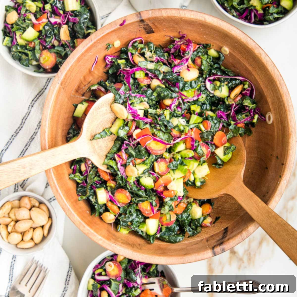 Rustic Tuscan Chopped Kale Medley 13 Colorful chopped tuscan kale salad in a wooden bowl.