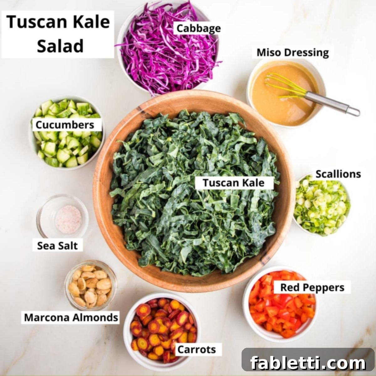 Rustic Tuscan Chopped Kale Medley 3 Tuscan Kale Salad Ingredients Labeled: tuscan kale, cabbage, miso dressing, scallions, red peppers, sarrots, marcona almonds, salt, cucumber.
