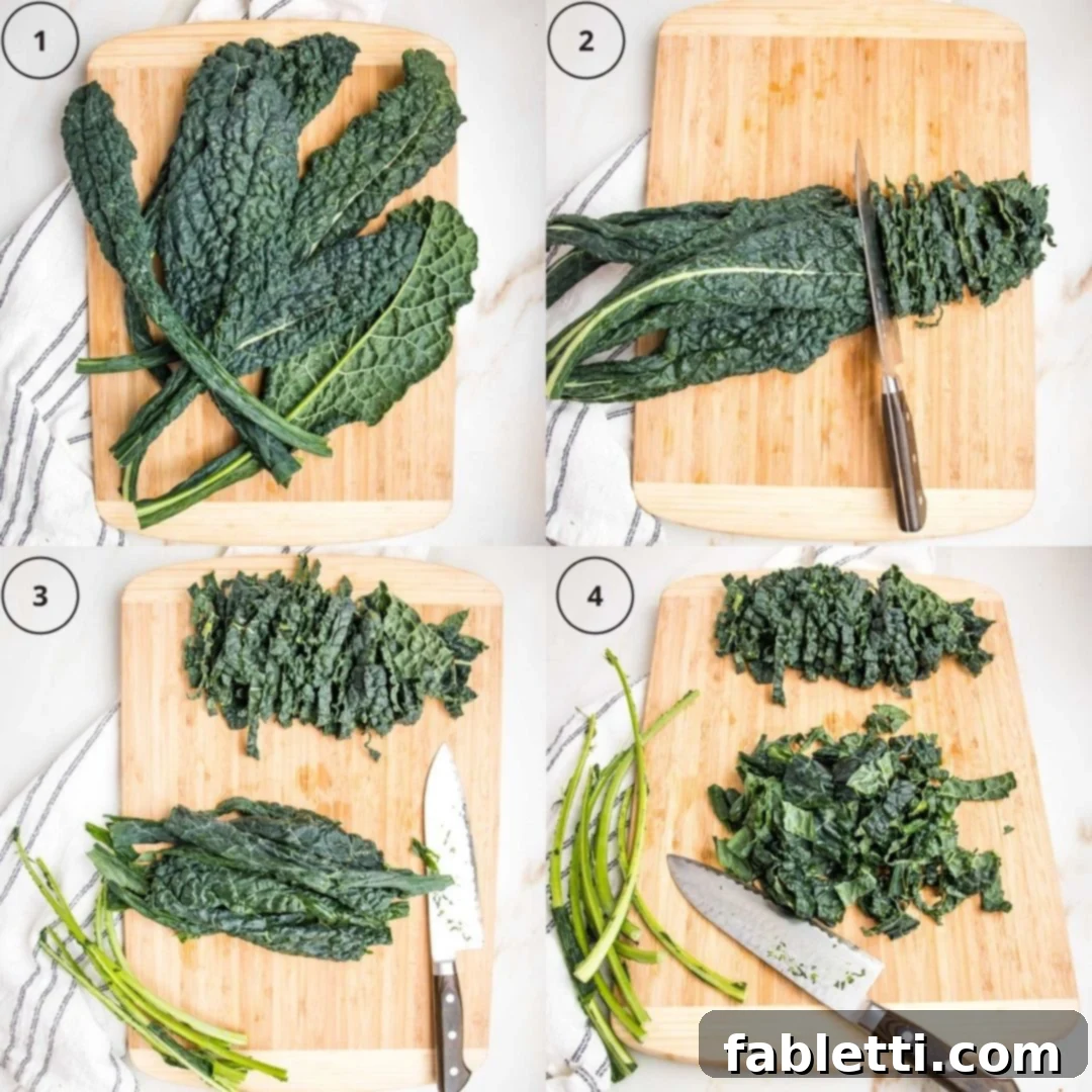 Rustic Tuscan Chopped Kale Medley 5 4 images of tuscan kale on a wooden cutting board showing phases of julienne slice.