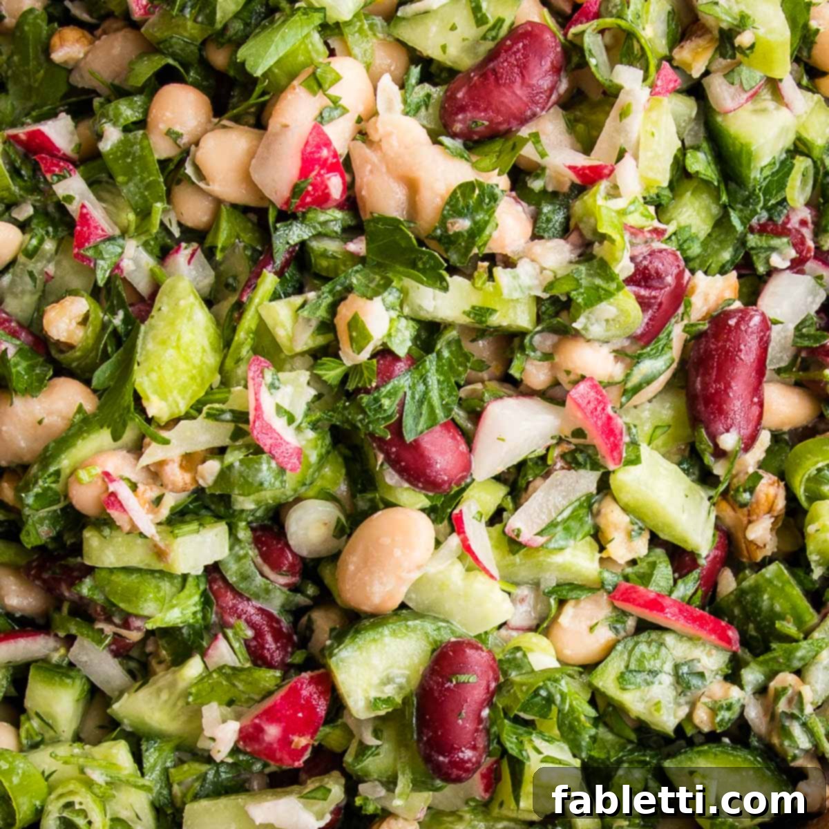 Zesty Kidney Bean Salad 12 close up of red kidney bean and white bean salad with chopped fresh veggies and herbs and a light creamy lemon dressing.