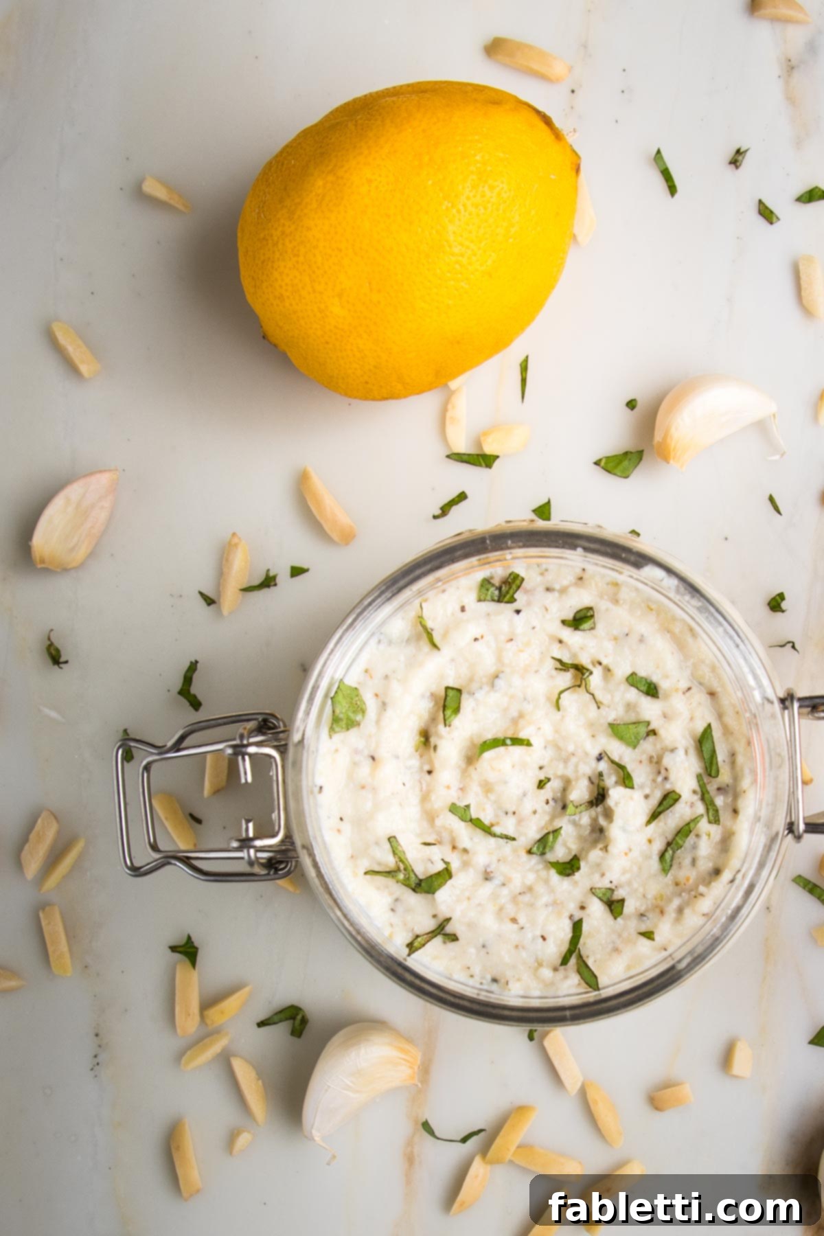 vegan ricotta in a glass storage jar, sprinkled with fresh herbs. Slivered almonds, garlic cloves and a lemon are scattered around the jar. 
