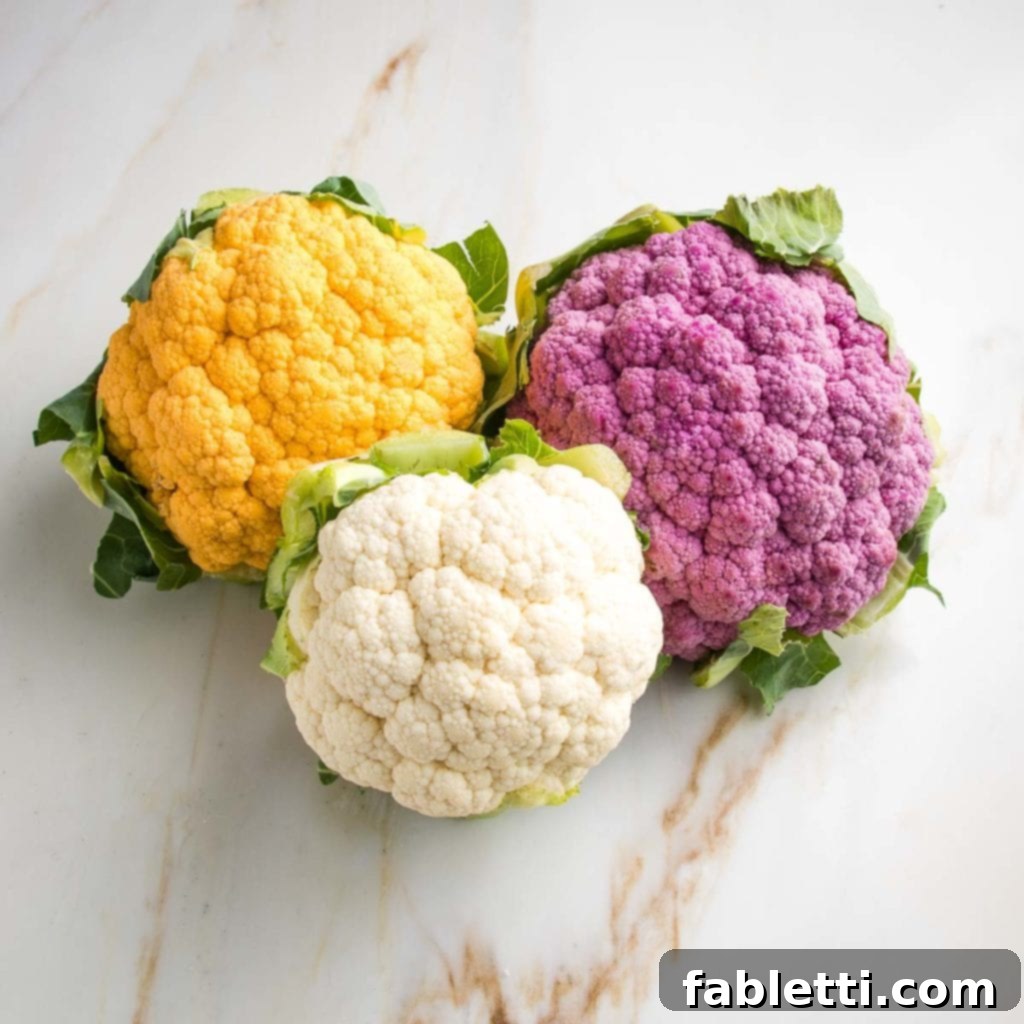 Three heads of cauliflower: purple, white, and yellow. All have their green leaves attached.
