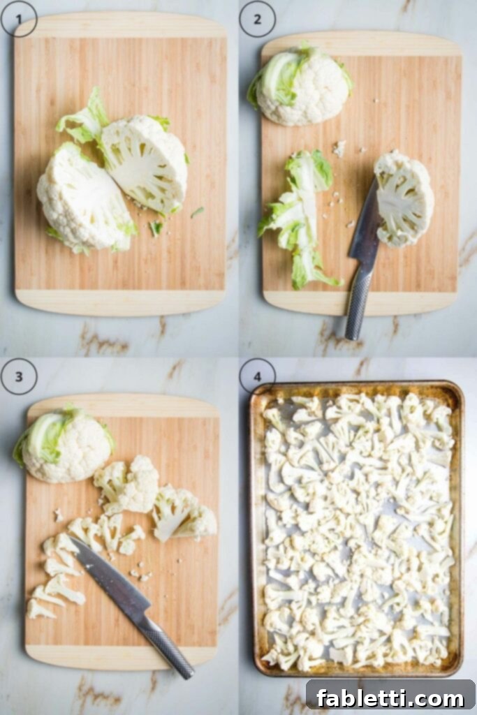 4 grid of photos showing how to cut a head of cauliflower into florets. 1: cut in half. 2: trim leaves off bottom. 3: start with one half and cut into little trees. 4: continue until both halves are cut into florets.