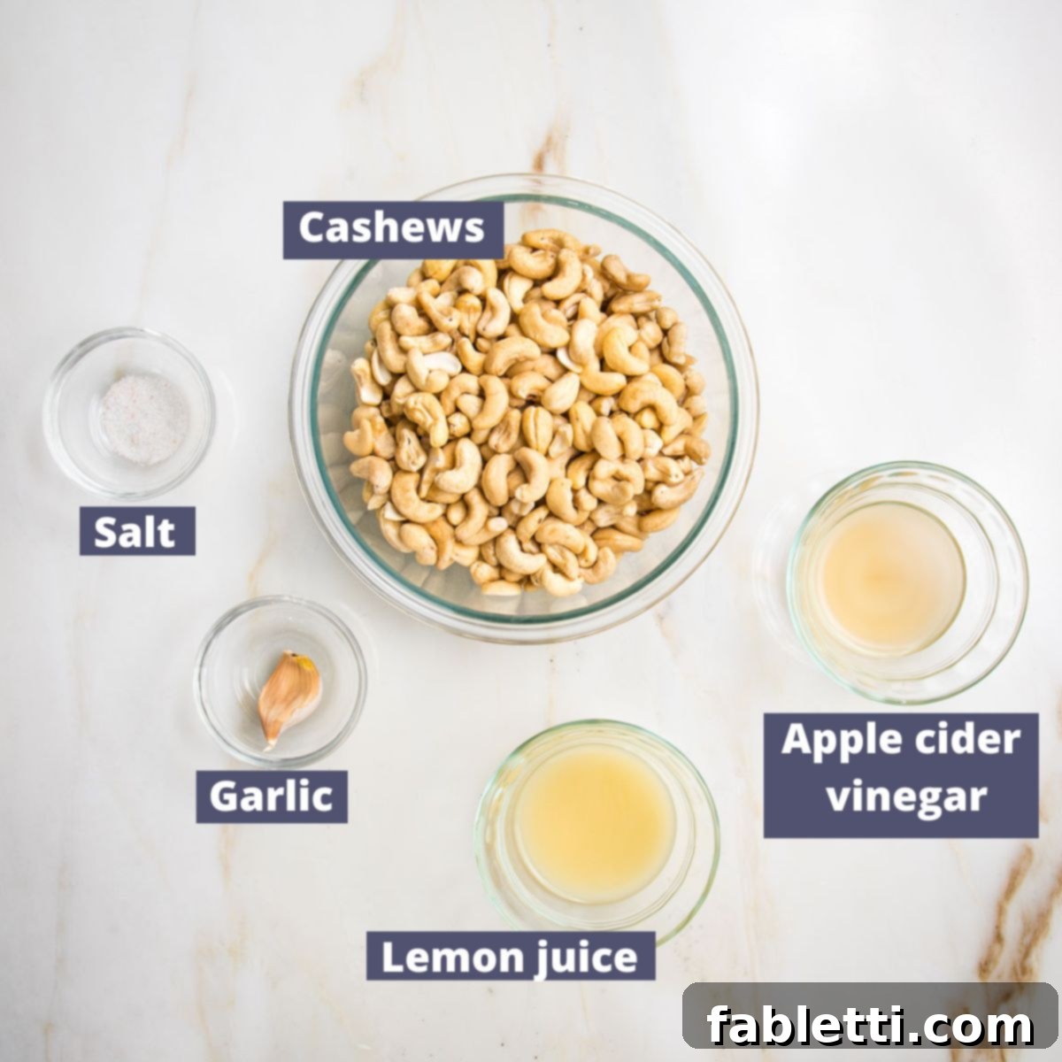 Labeled ingredients: cashews, salt, garlic, lemon juice and apple cider vinegar.