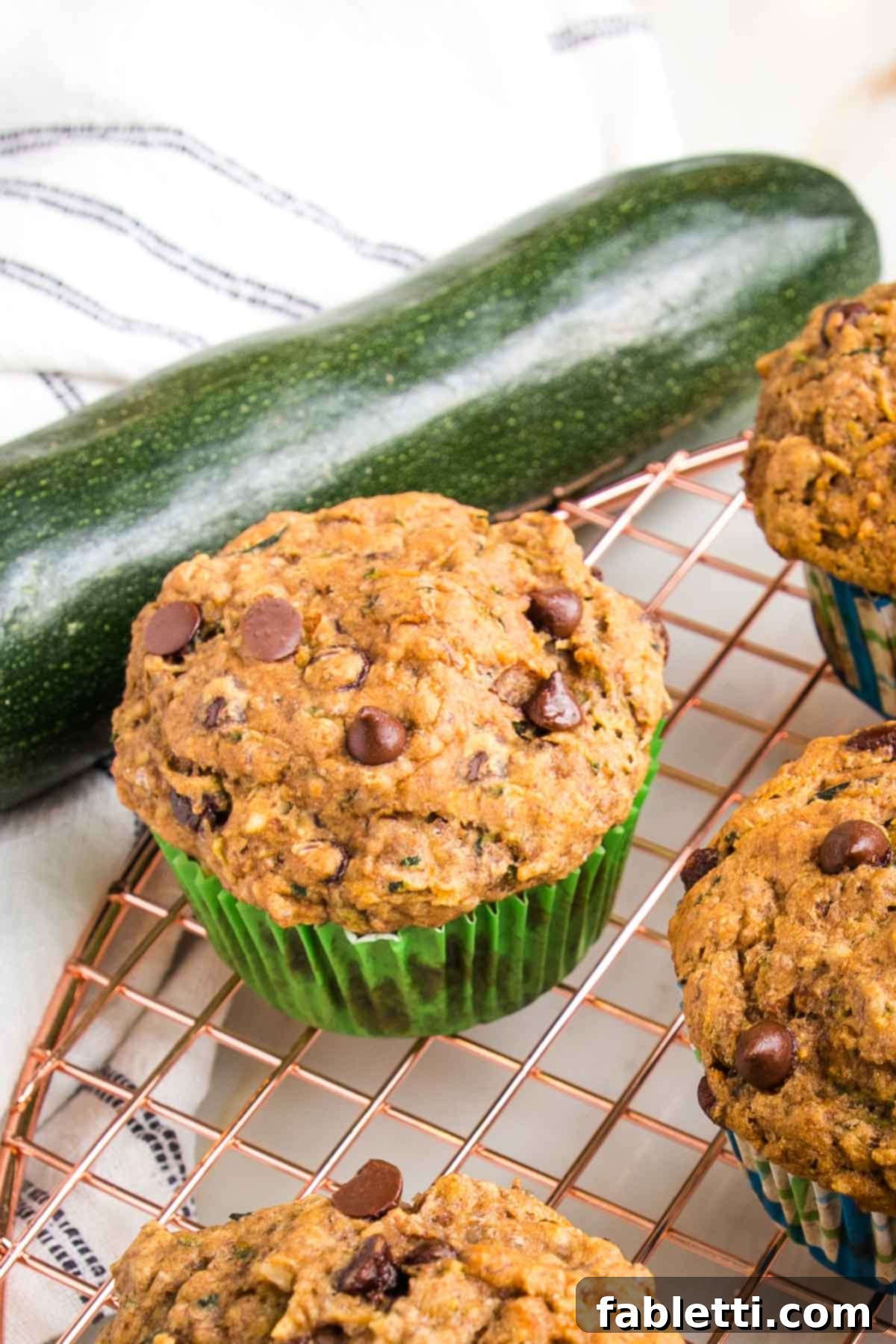 Garden Fresh Vegan Zucchini Muffins 2 Chocolate chip zucchini muffin, cooling on a wire rack, with a large fresh zucchini in the background.