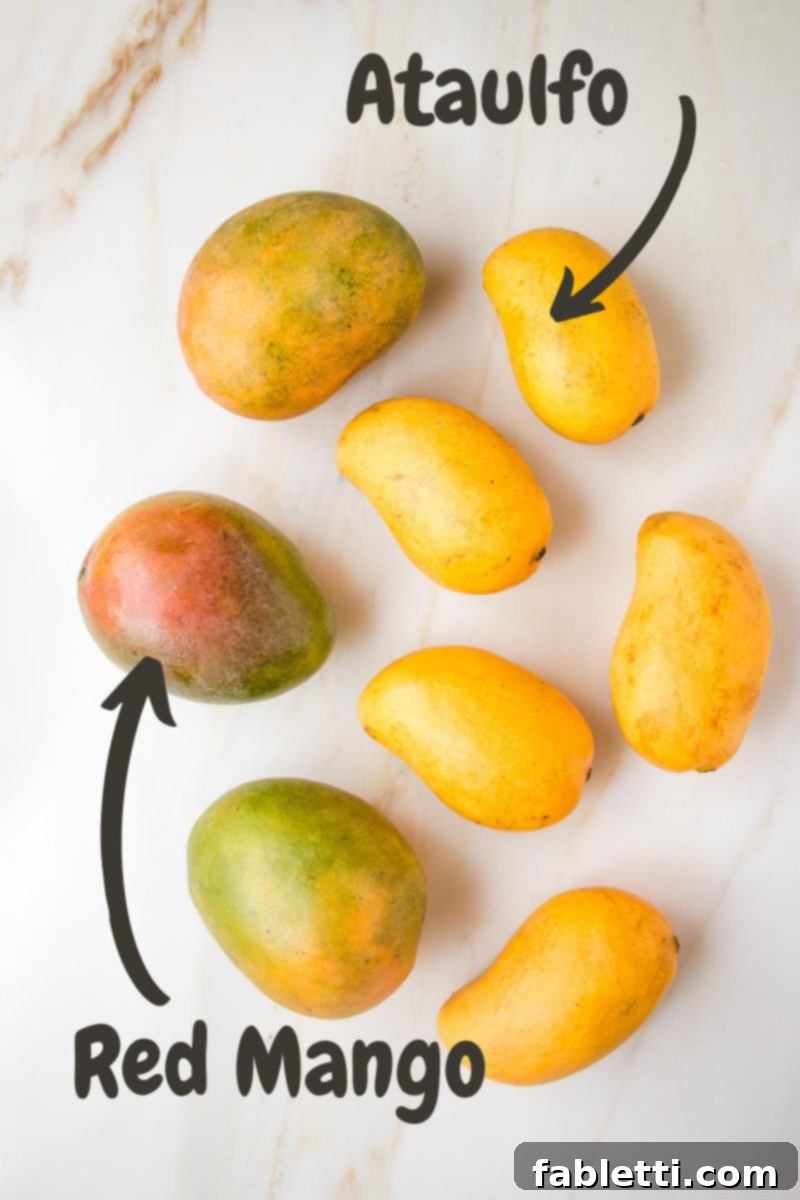 Tropical Mango Vinaigrette 3 8 mangos on a white counter. 5 yellow Ataulfo, labeled with an arrow and 3 red mangos.