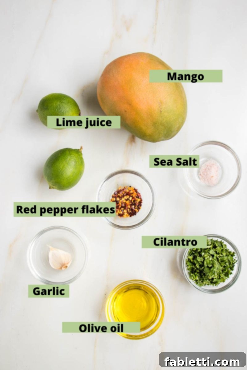 Tropical Mango Vinaigrette 5 Labeled ingredients: mango, two limes, red pepper flakes, sea salt, garlic, olive oil, chopped cilantro