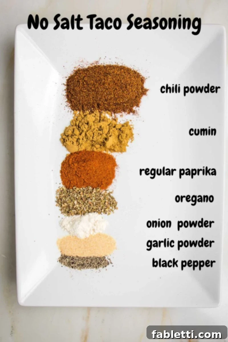 Salt-Free Homemade Taco Seasoning 4 White plate with powdered spices lined up vertically, tagged: chili powder, vumin, paprika, oregano, onion powder, garlic powder, black pepper.