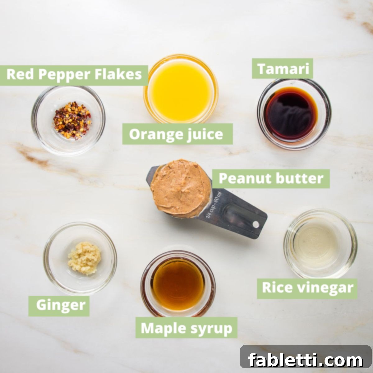 Grilled Tofu Satay with Creamy Peanut Sauce 5 Peanut Satay Sauce Ingredients: peanut butter, orange juice, tamari, maple syrup, rice vinegar, fresh ginger, red pepper flakes.