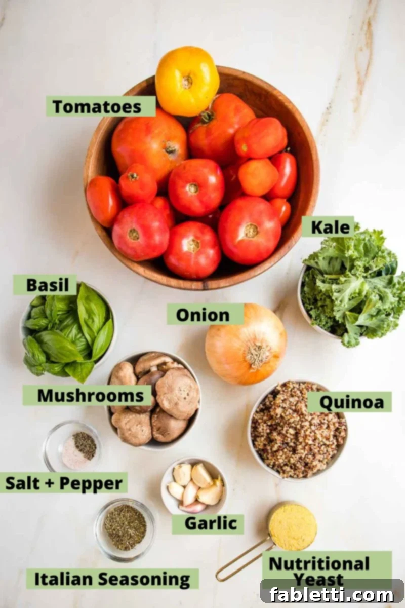 Plant-Powered Stuffed Tomatoes 4 Labeled ingredients for stuffed tomatoes: fresh tomatoes, basil, kale, onion, mushrooms, quinoa, salt and pepper, garlic, Italian seasoning, and nutritional yeast.