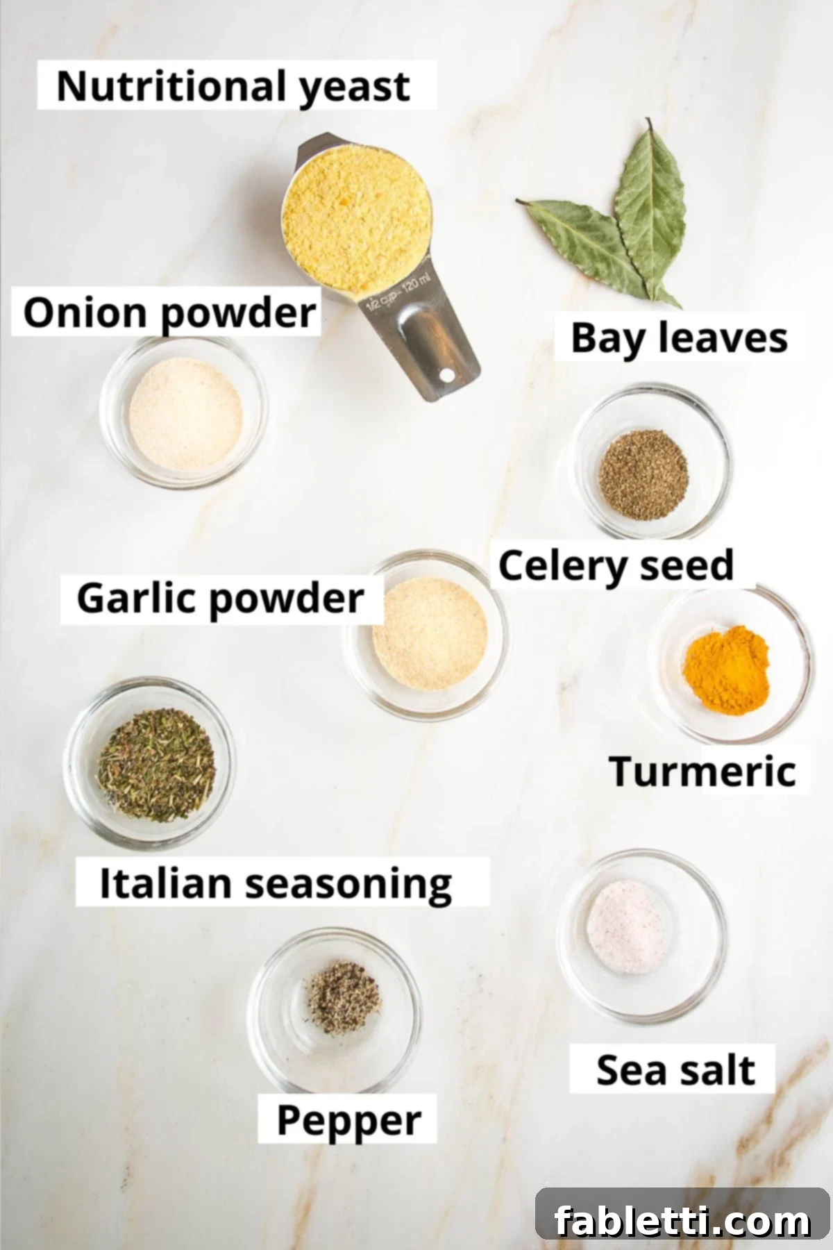 Garden Gold Broth Mix 3 Labeled ingredients: nutritional yeast, bay leaves, onion powder, garlic powder, celery seed, turmeric, italian seasoning, black pepper, sea salt.