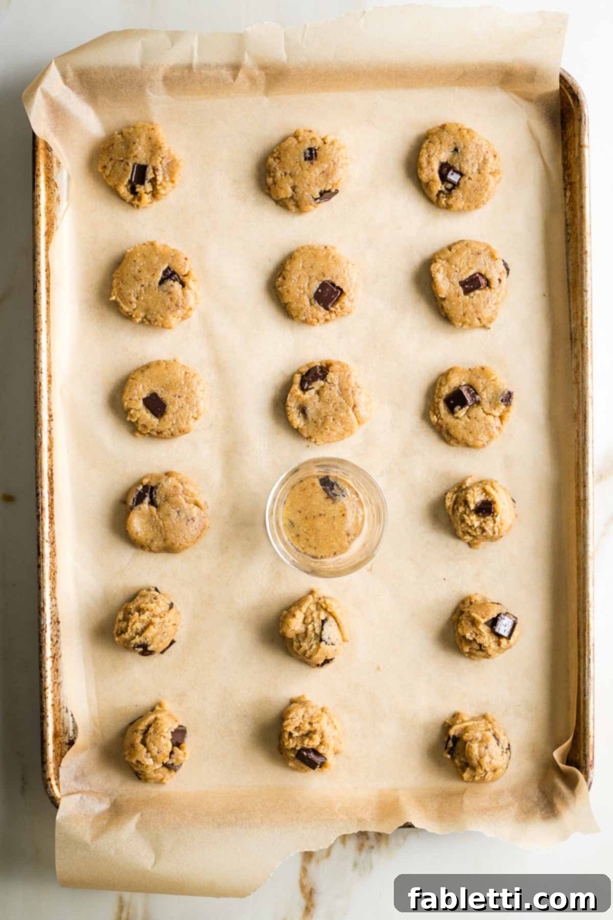 Chewy Vegan Gluten-Free Tahini Chocolate Chip Cookies 11 A small glass dish pushing down on cookie dough balls to flatten on a baking tray.