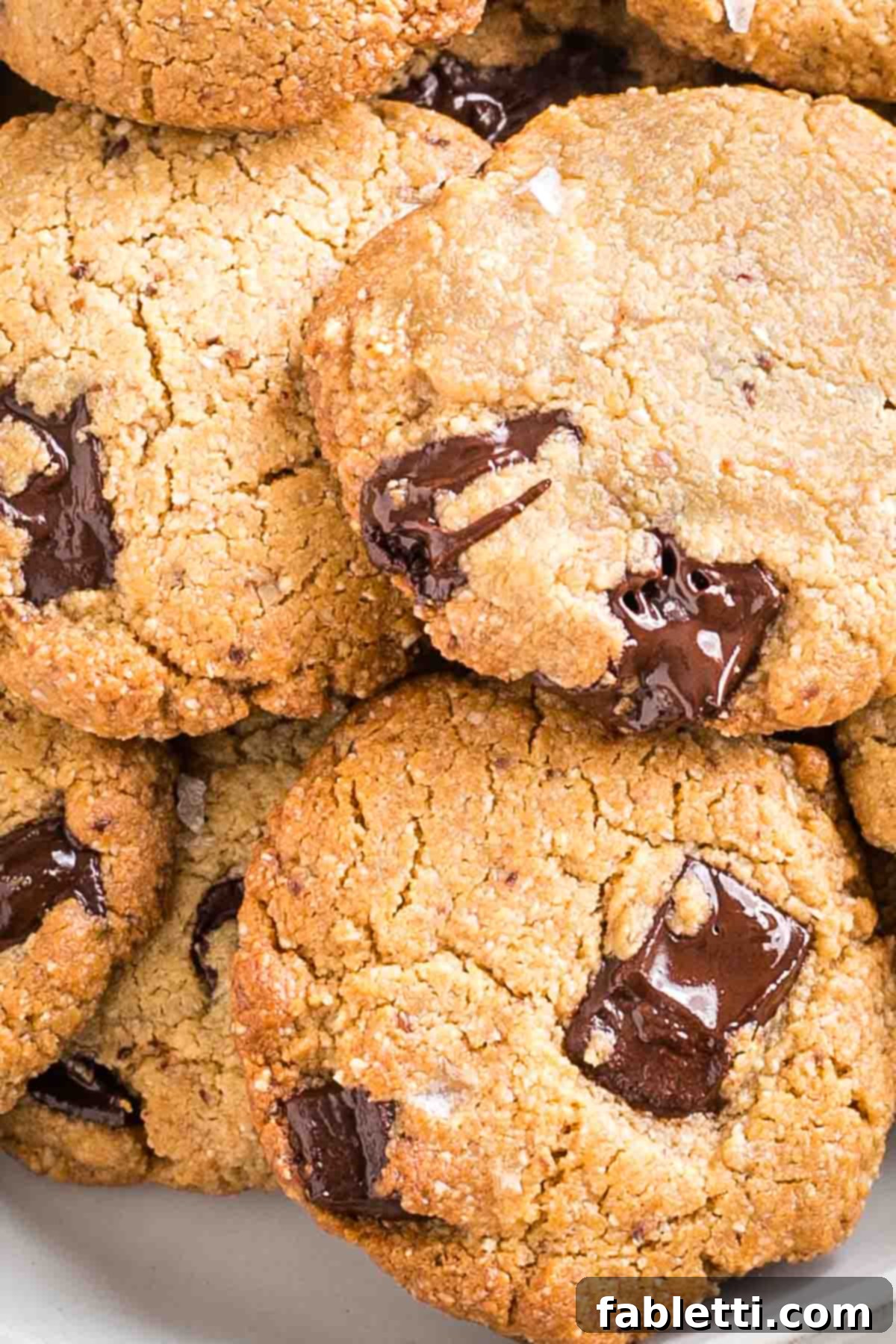 Chewy Vegan Gluten-Free Tahini Chocolate Chip Cookies 15 Close up of vegan chocolate chunk cookies with ooey, gooey chocolate.