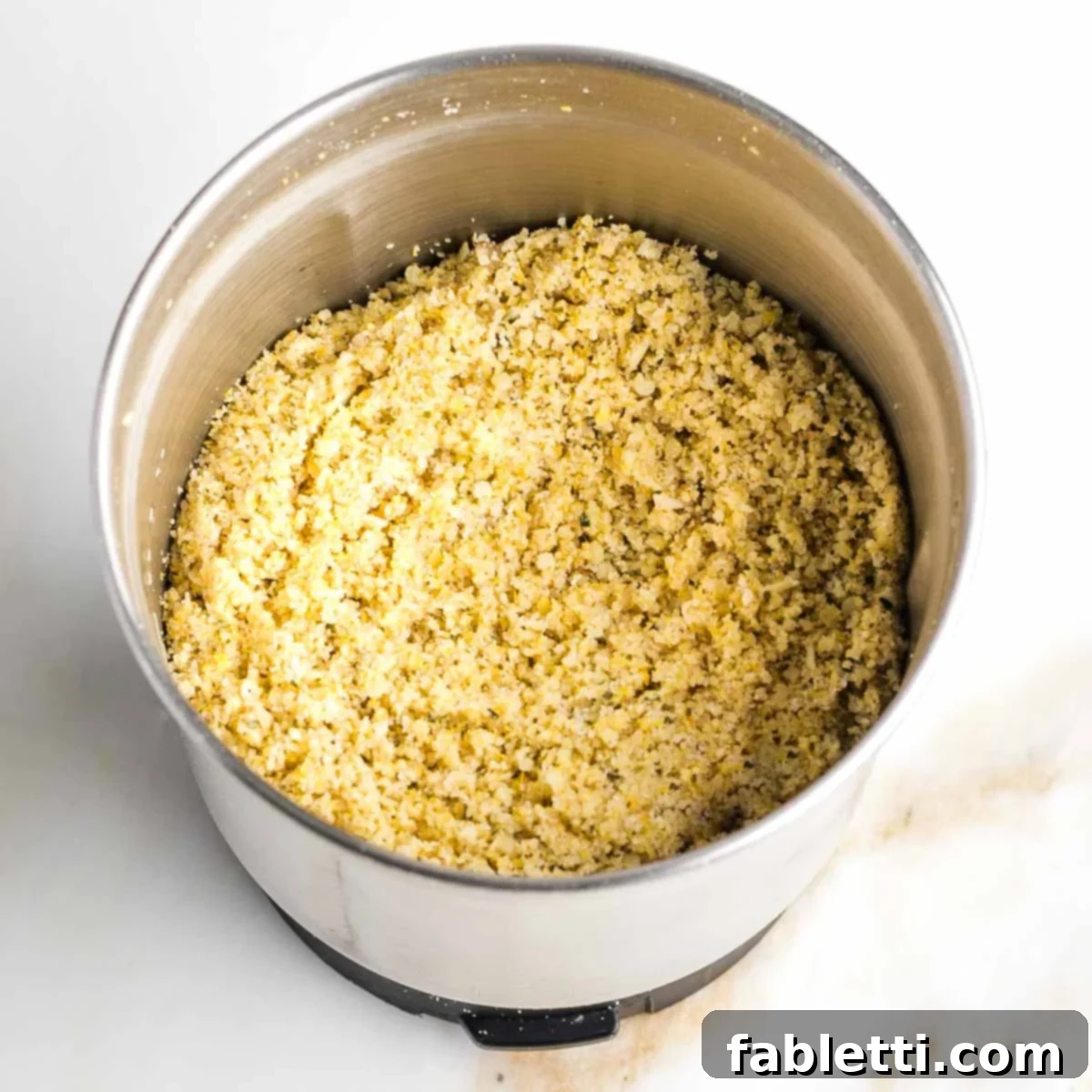 Nut-Free Plant-Based Parmesan 5 Spice grinder bowl with ground yellow powder that is dairy-free parmesan cheese.