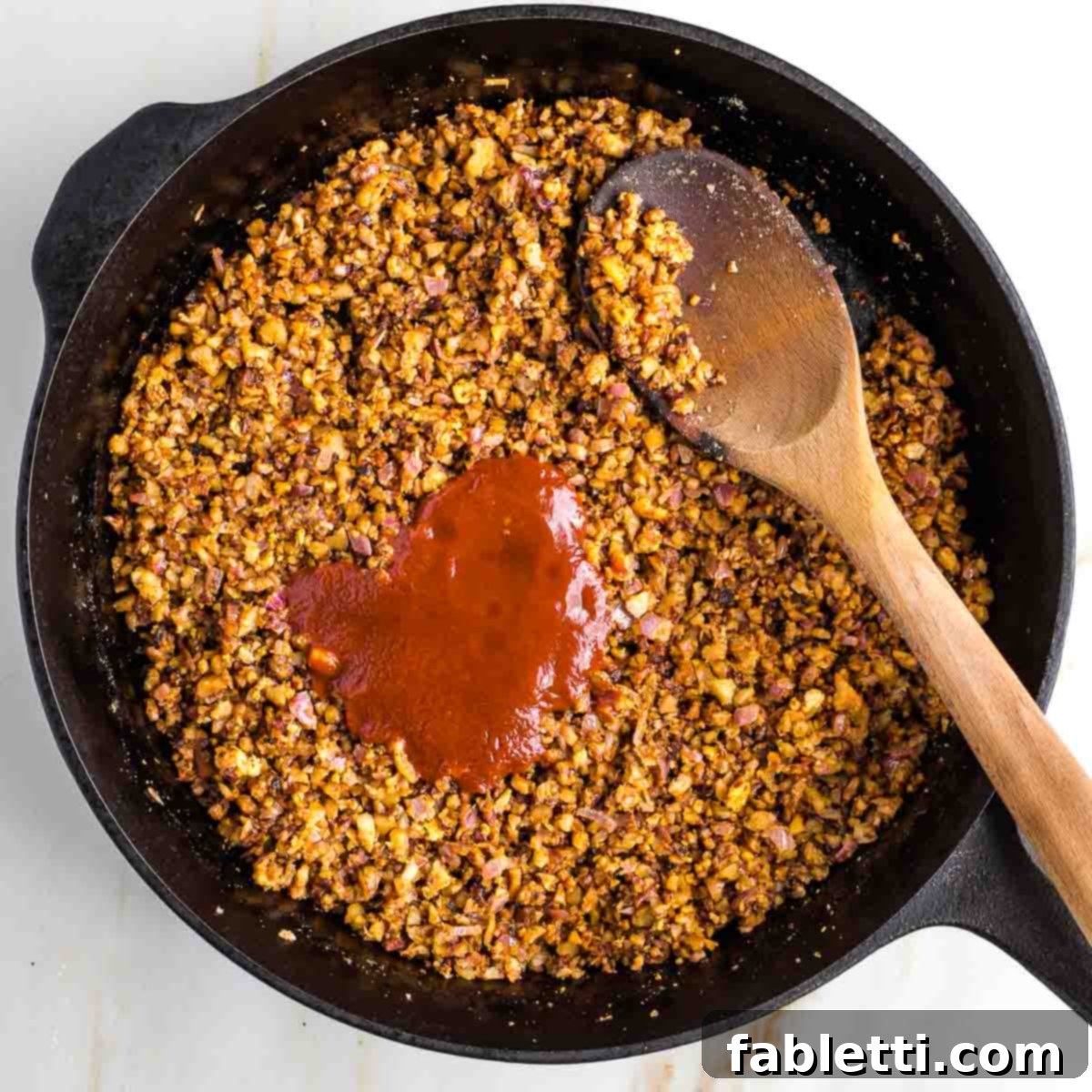 Umami-Packed Vegan Mushroom Lentil Crumble 9 The umami-rich liquid mixture of tomato paste, tamari, and water is poured into the skillet, coating the seasoned vegetables and walnuts. A spoon is mid-stir, blending all the components together for a cohesive flavor.