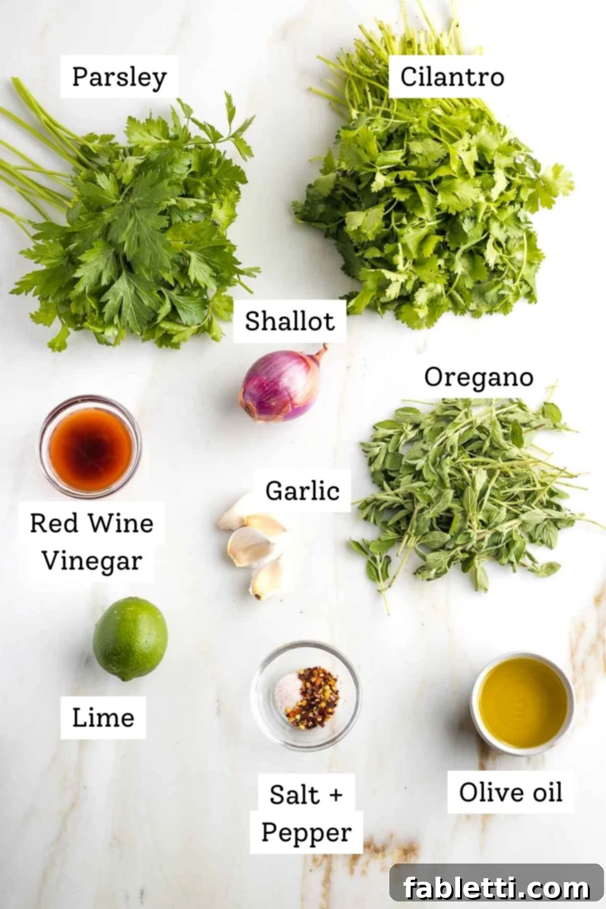 Vibrant Cilantro Chimichurri 3 Assortment of fresh chimichurri ingredients including cilantro, parsley, oregano, shallot, garlic, lime, red wine vinegar, olive oil, salt, and red pepper flakes.