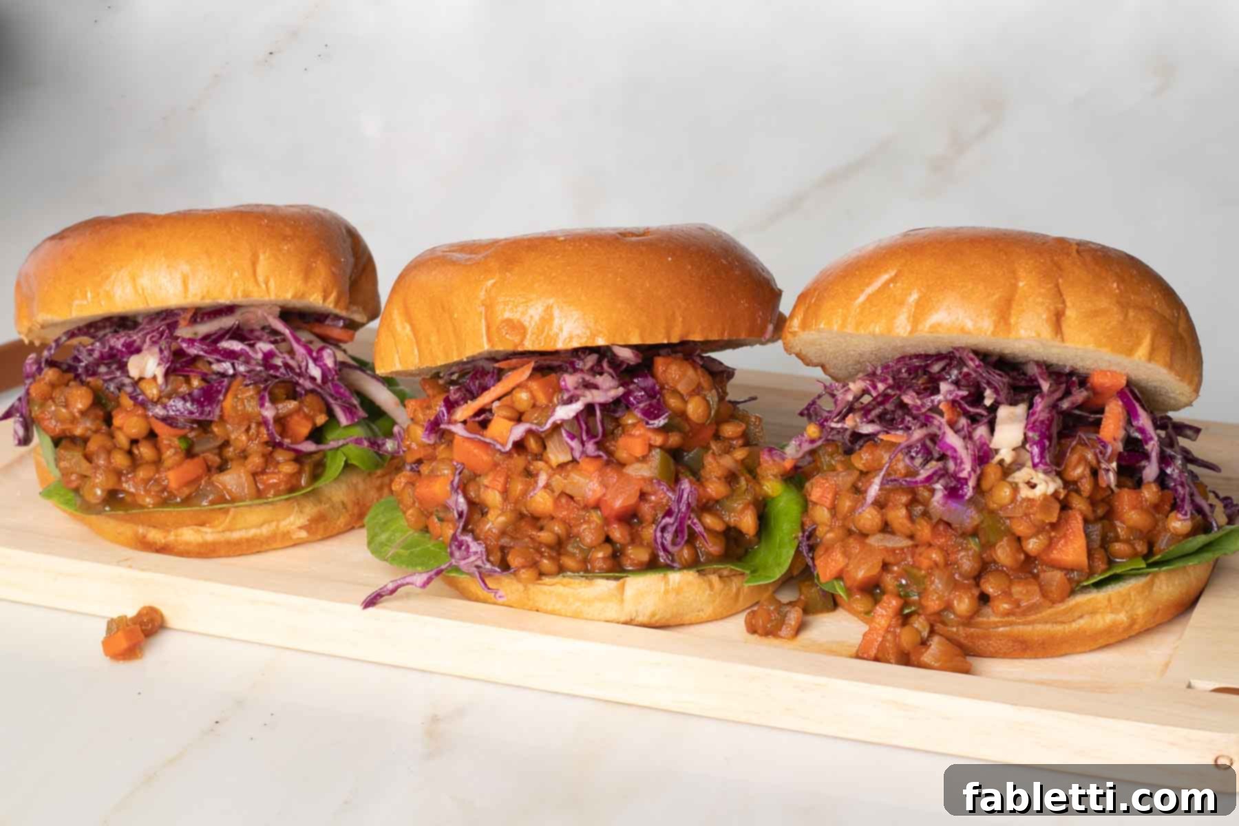 Three sloppy joe sandwiches in a row with purple slaw and green lettuce.