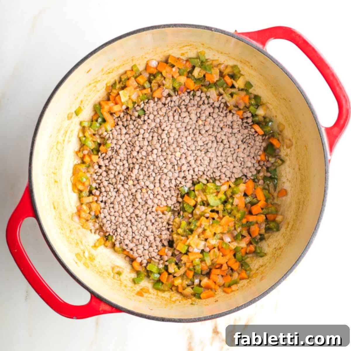 Sauteed onions, carrots and peppers in spices with dried brown lentils on top.