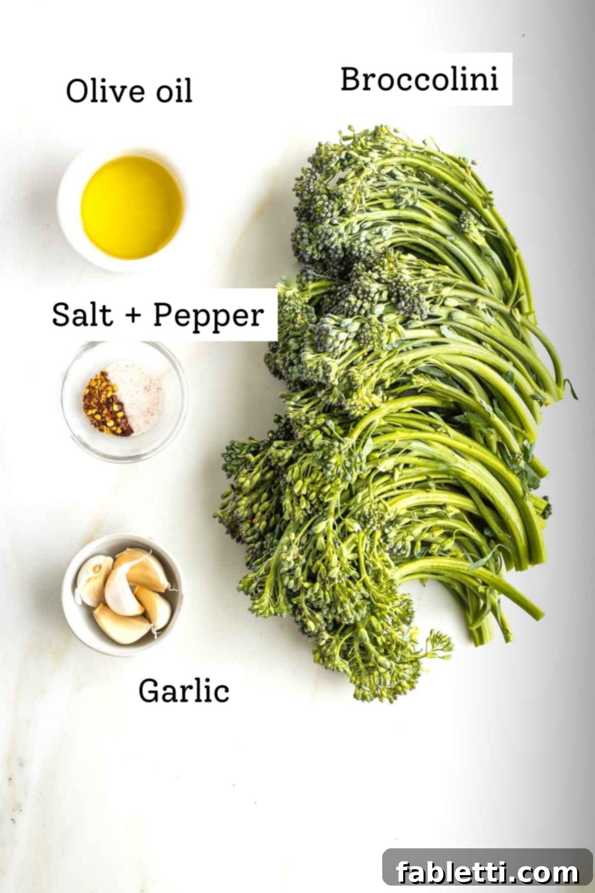 Labeled ingredients: Broccolini, olive oil, salt and pepper, garlic.