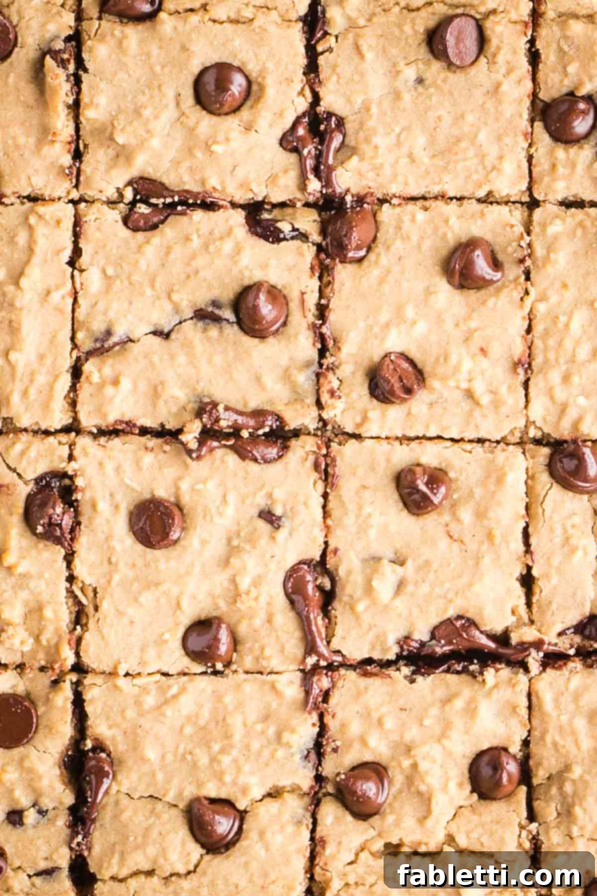 Bean-Powered Vegan Blondies 13 Blondies with chocolate chips cut into squares.