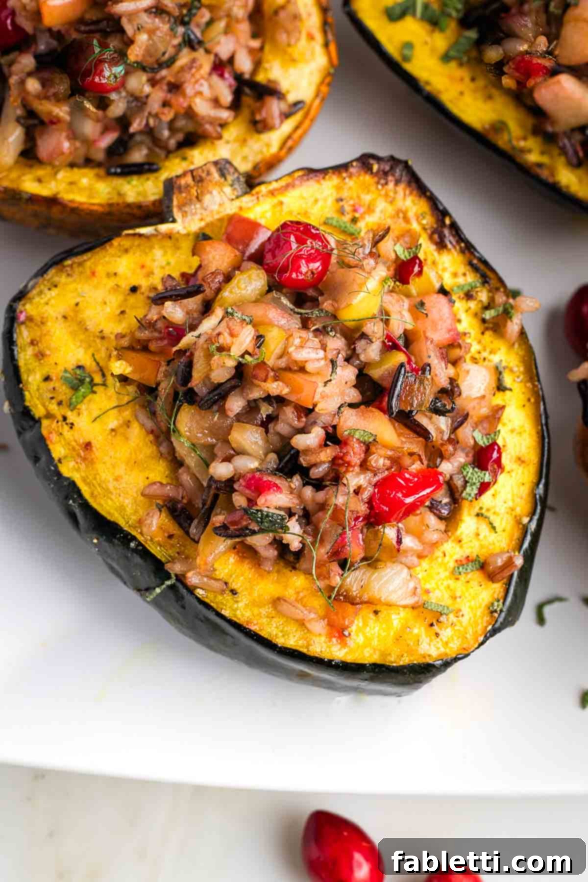 Beautifully roasted acorn squash half, generously filled with vibrant wild rice and cranberry stuffing, ready to be served.