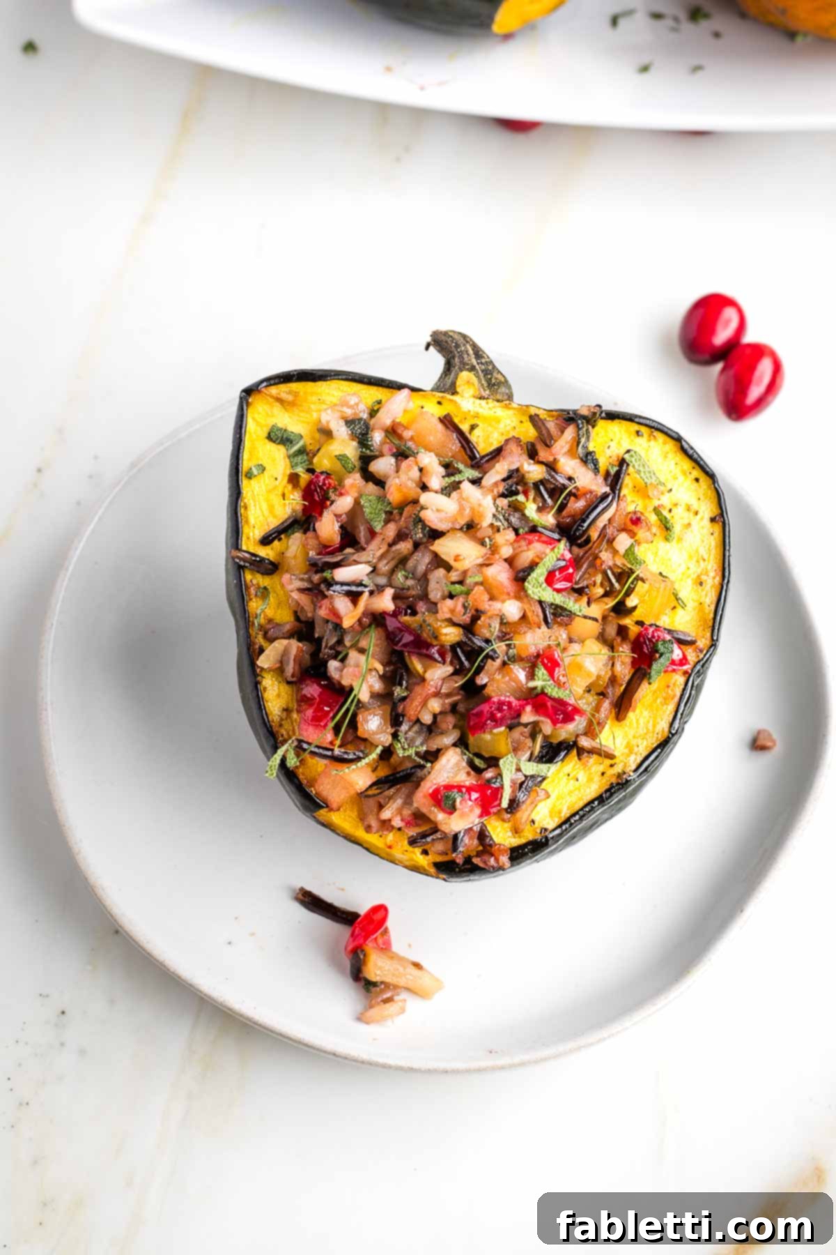 A beautifully presented acorn squash with wild rice stuffing, garnished with fresh cranberries and herbs, ready for a festive meal.