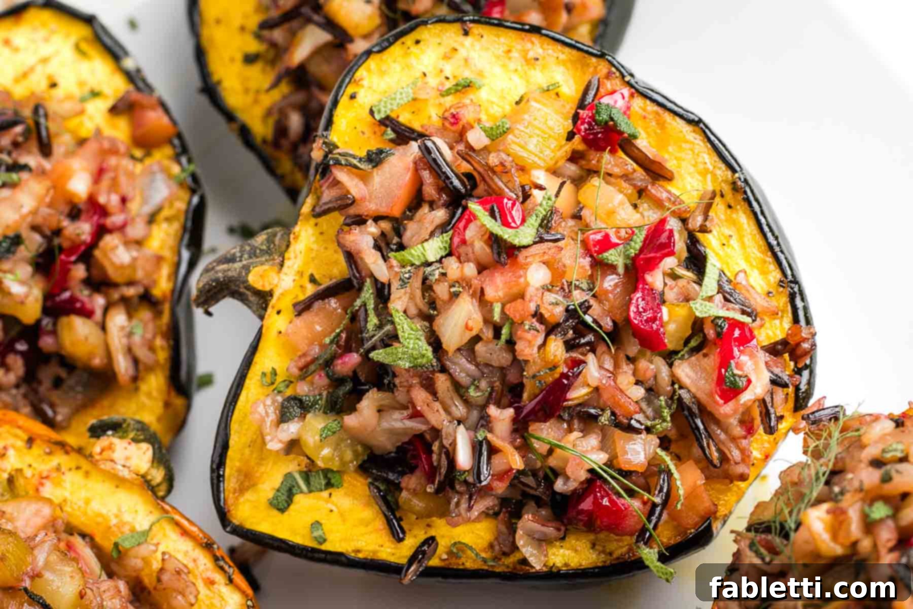 Close-up of an acorn squash half, beautifully filled with vibrant, colorful wild rice stuffing, showcasing its appealing textures and colors.