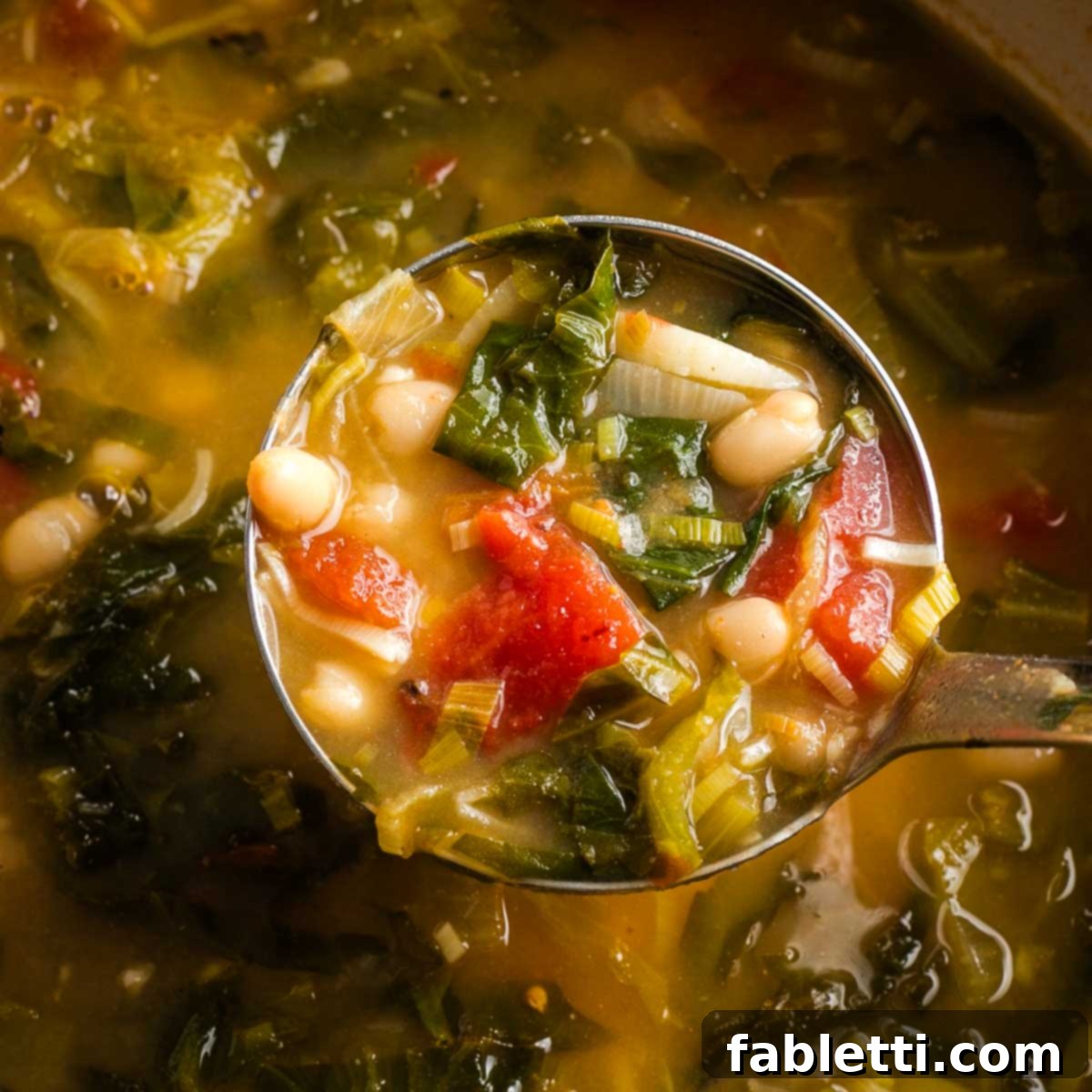 Close up of a ladle full of chunky white bean and escarole soup. 