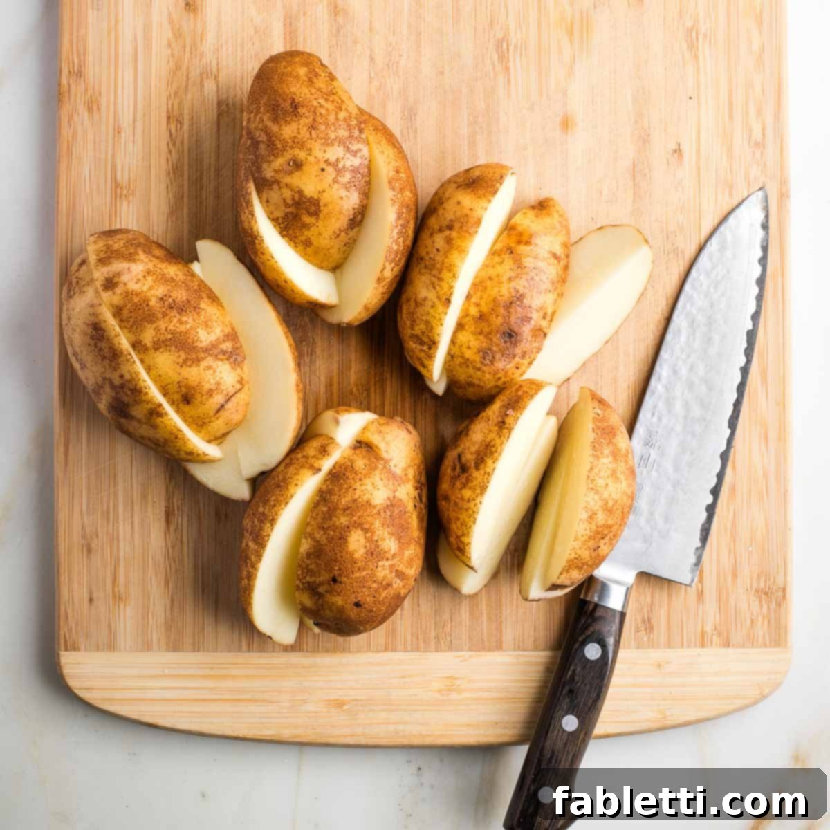 Grandma's Golden Potato Latkes 6 Whole russet potatoes on a cutting board, some cut lengthwise into quarters, showing their white flesh.