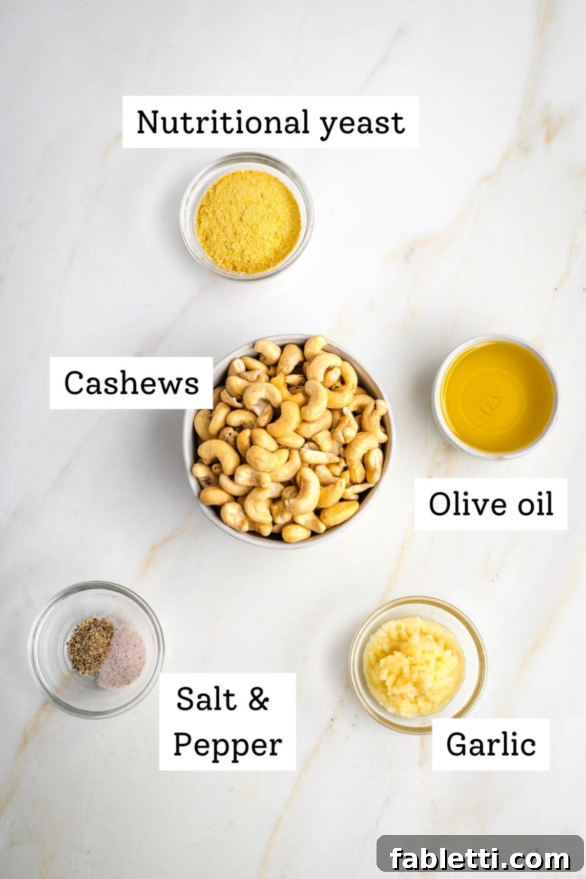 Luscious Vegan Parsnip Gratin 4 Labeled ingredients: cashews, olive oil, garlic, nutritional yeast, salt and pepper.