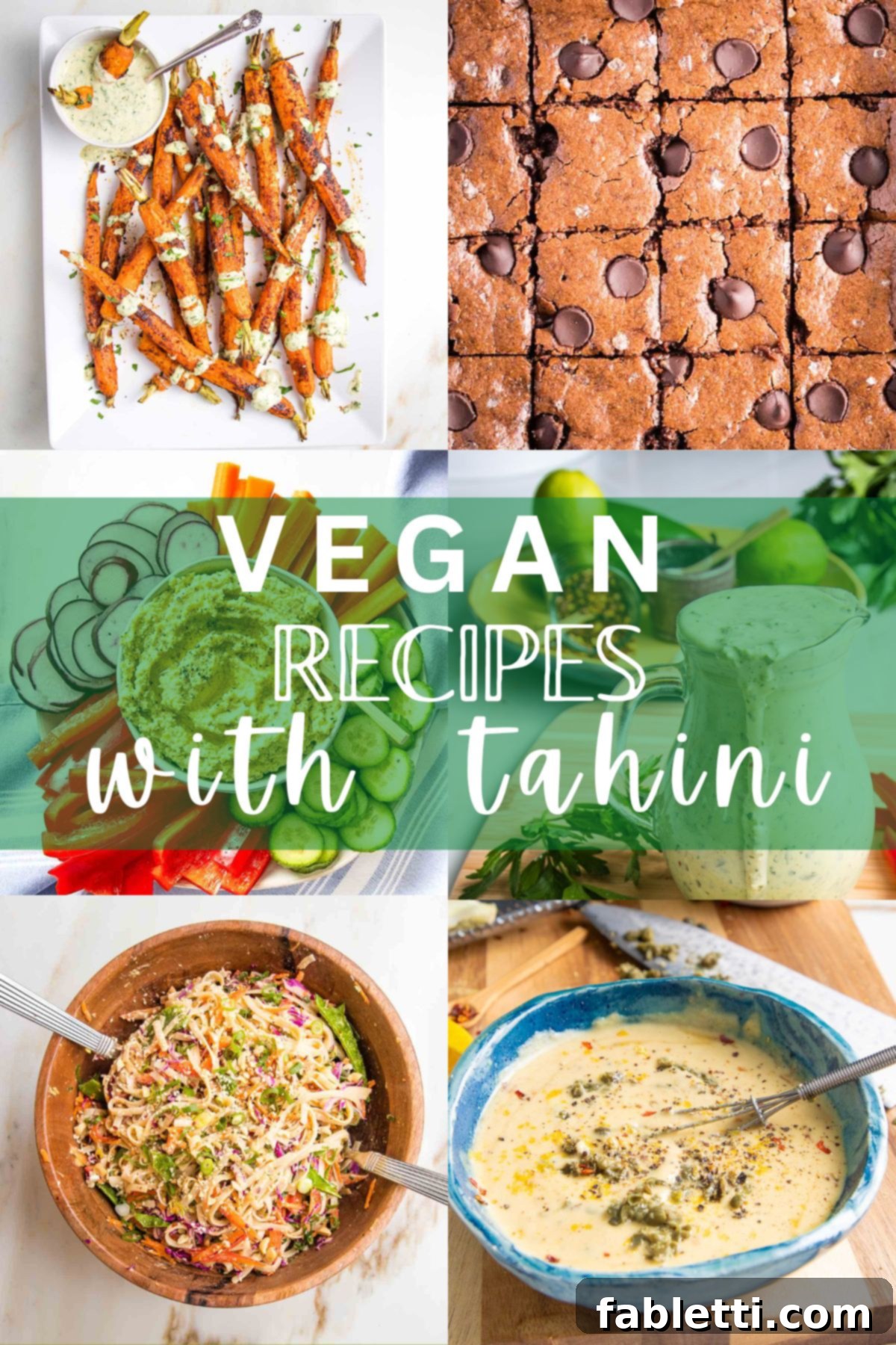 Plant-Powered Tahini Dishes 2 Grid of photos, carrots, brownies, noodles, caesar dressing with "vegan recipes with tahini" across the center.