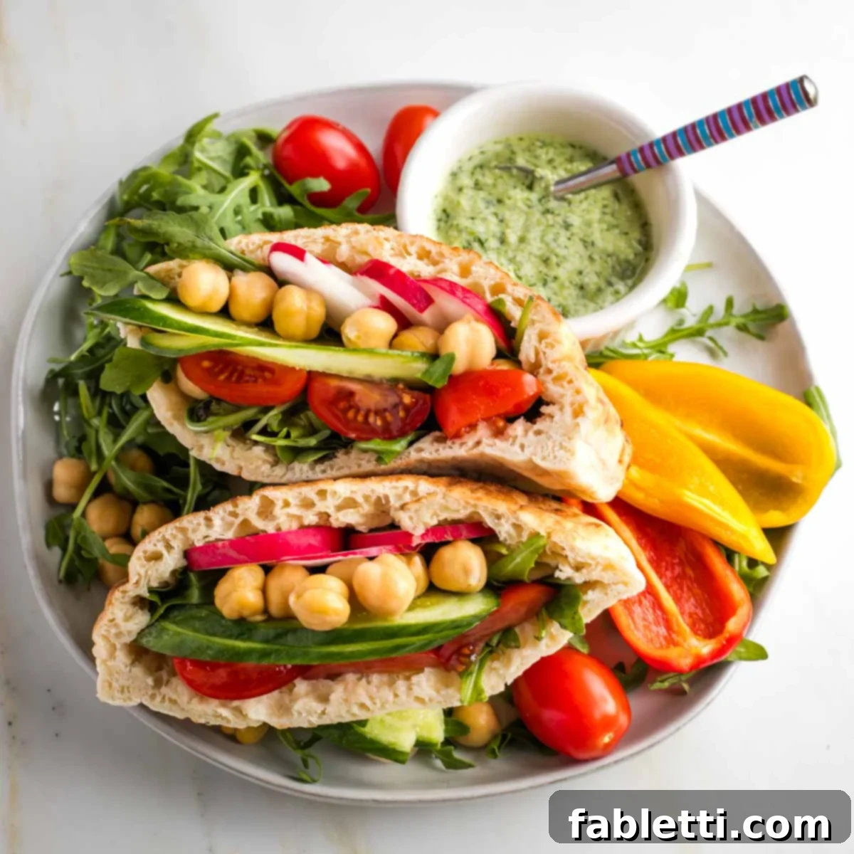 Vegan Tzatziki Sauce 11 Pita halves filled with fresh vegetables with a side of dairy-free tzatziki sauce.