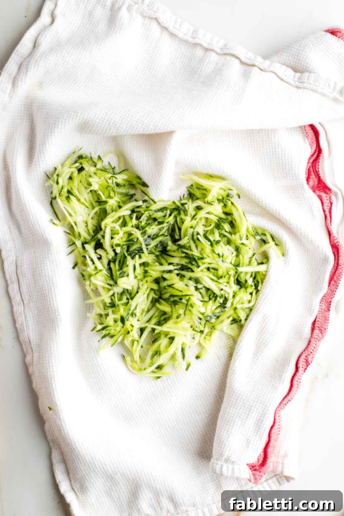 Vegan Tzatziki Sauce 6 Grated cucumber on a dish towel.