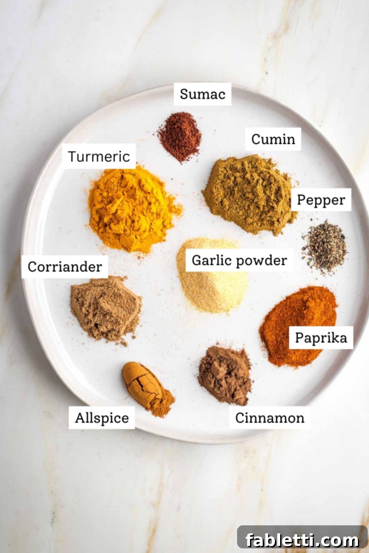 Ultimate Shawarma Spice Mix 3 Small piles of earth toned spices with labels to make shawarma spice blend from scratch.