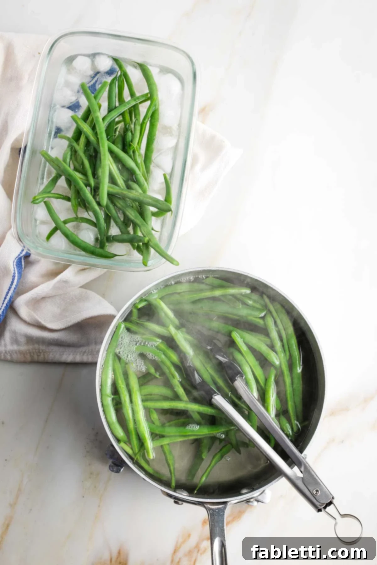 Zesty Green Bean Salad 6 Tongs carefully transferring blanched green beans from boiling water to an ice bath.